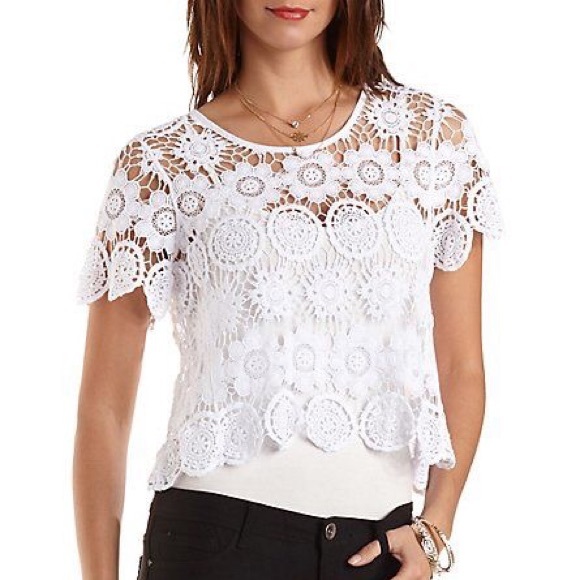 Charlotte Russe Tops - White Sheer Lace Crochet Crop Top Coverup
